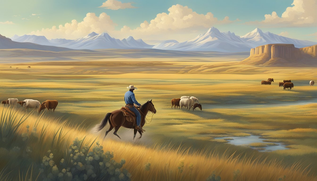 A cowboy riding through a vast, open prairie, surrounded by grazing livestock and the natural beauty of the American landscape