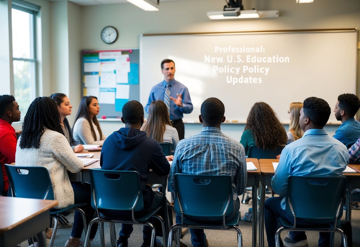 A diverse group of students sitting in a classroom, with a teacher at the front, discussing new U.S. education policy updates