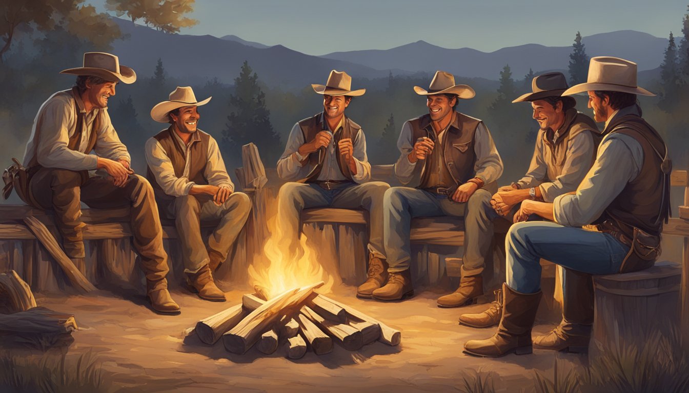 A group of cowboys gathered around a campfire, swapping stories and laughing. A lasso hangs from a nearby fence, and a worn saddle rests against a wooden post