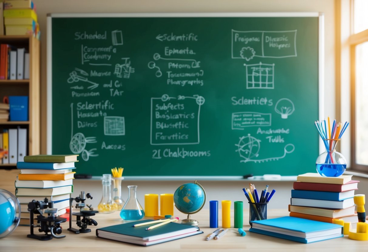 A classroom with diverse subjects on a chalkboard, surrounded by books, scientific tools, and art supplies