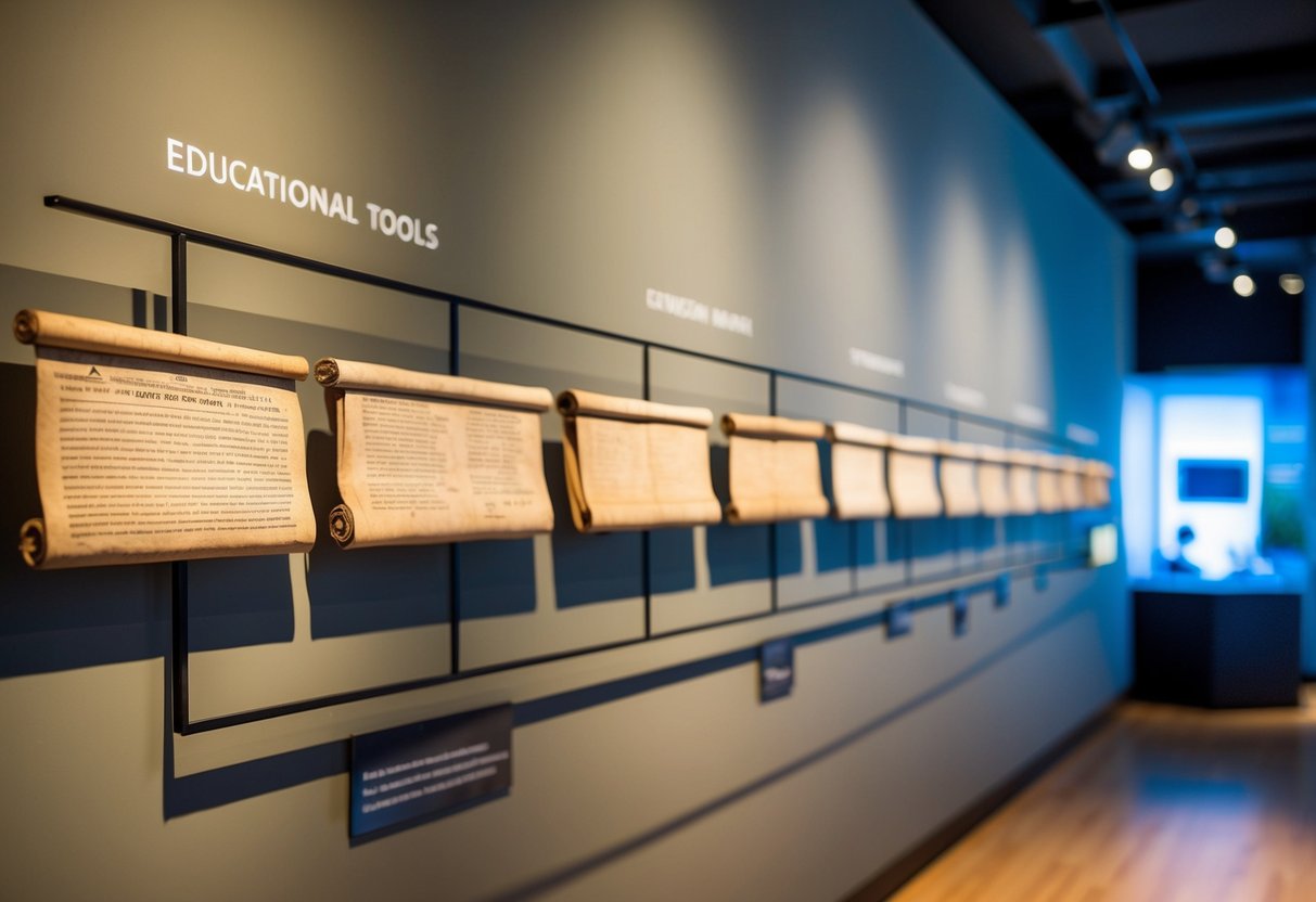 A timeline of educational tools and methods, from ancient scrolls to modern technology, displayed in a museum exhibit