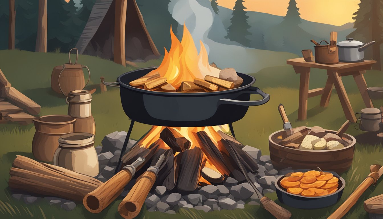 A crackling campfire surrounded by various cooking utensils and ingredients, with a pot hanging over the flames and a rustic outdoor setting in the background