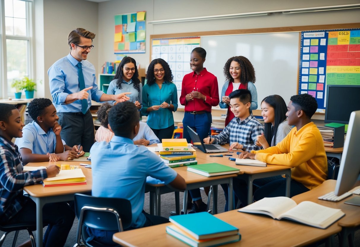 A group of diverse students engage in learning activities while surrounded by books, computers, and educational materials. A teacher stands at the front of the classroom, pointing to a chart on the wall