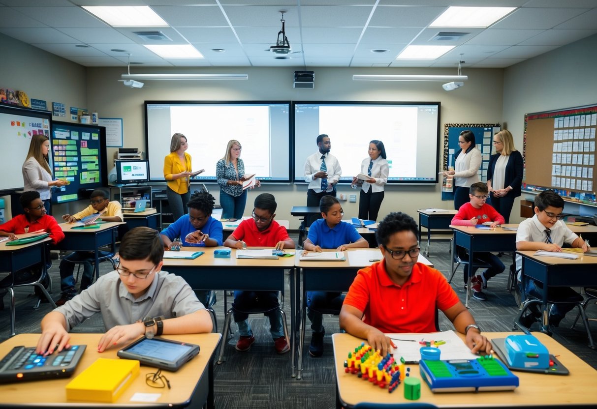 A classroom filled with modern technology and resources, students engaged in hands-on learning activities, and teachers equipped with professional development materials