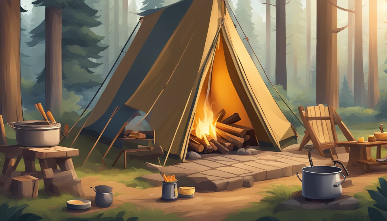 A campsite with a roaring fire, cooking utensils, and a neatly organized area for cleaning and maintaining the site