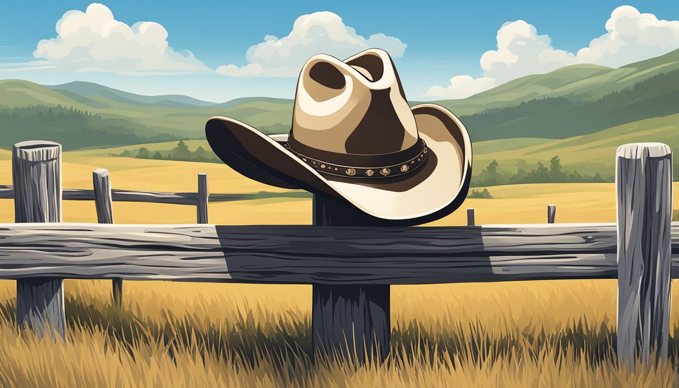 A cowboy hat resting on a weathered wooden fence post, surrounded by a backdrop of rolling hills and a clear blue sky