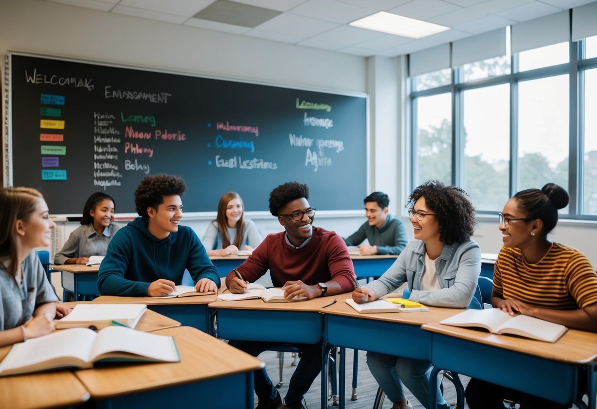 A classroom with students of different races, cultures, and abilities working together and learning in a welcoming and inclusive environment