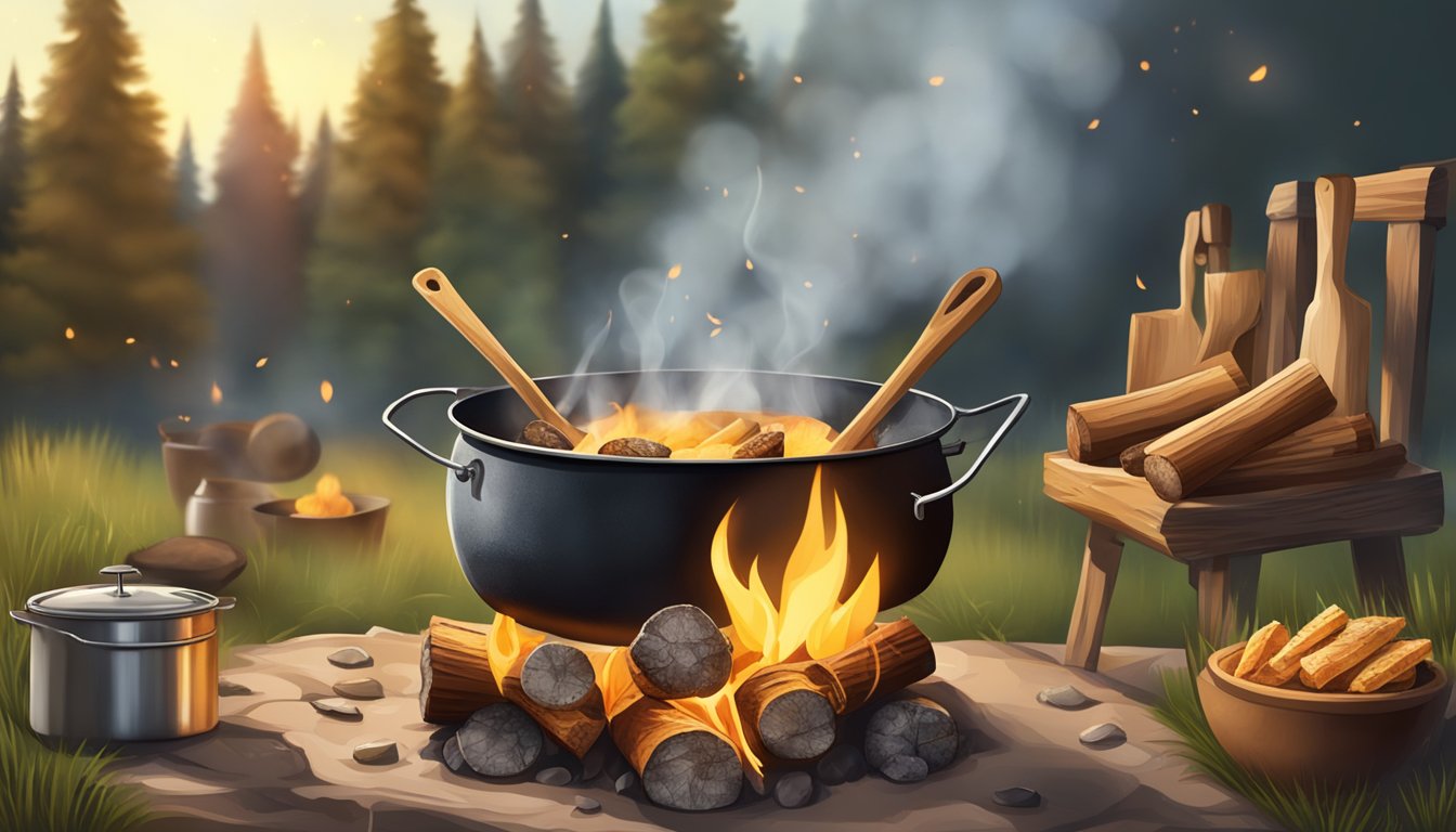 A crackling campfire surrounded by rustic cooking utensils and a pot bubbling over the flames, with the scent of delicious food filling the air