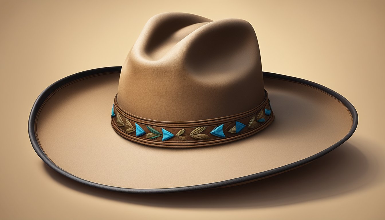 A cowboy hat rests on a wooden table, its wide brim and tall crown made of stiff, durable felt. A leather band wraps around the base, adorned with decorative stitching