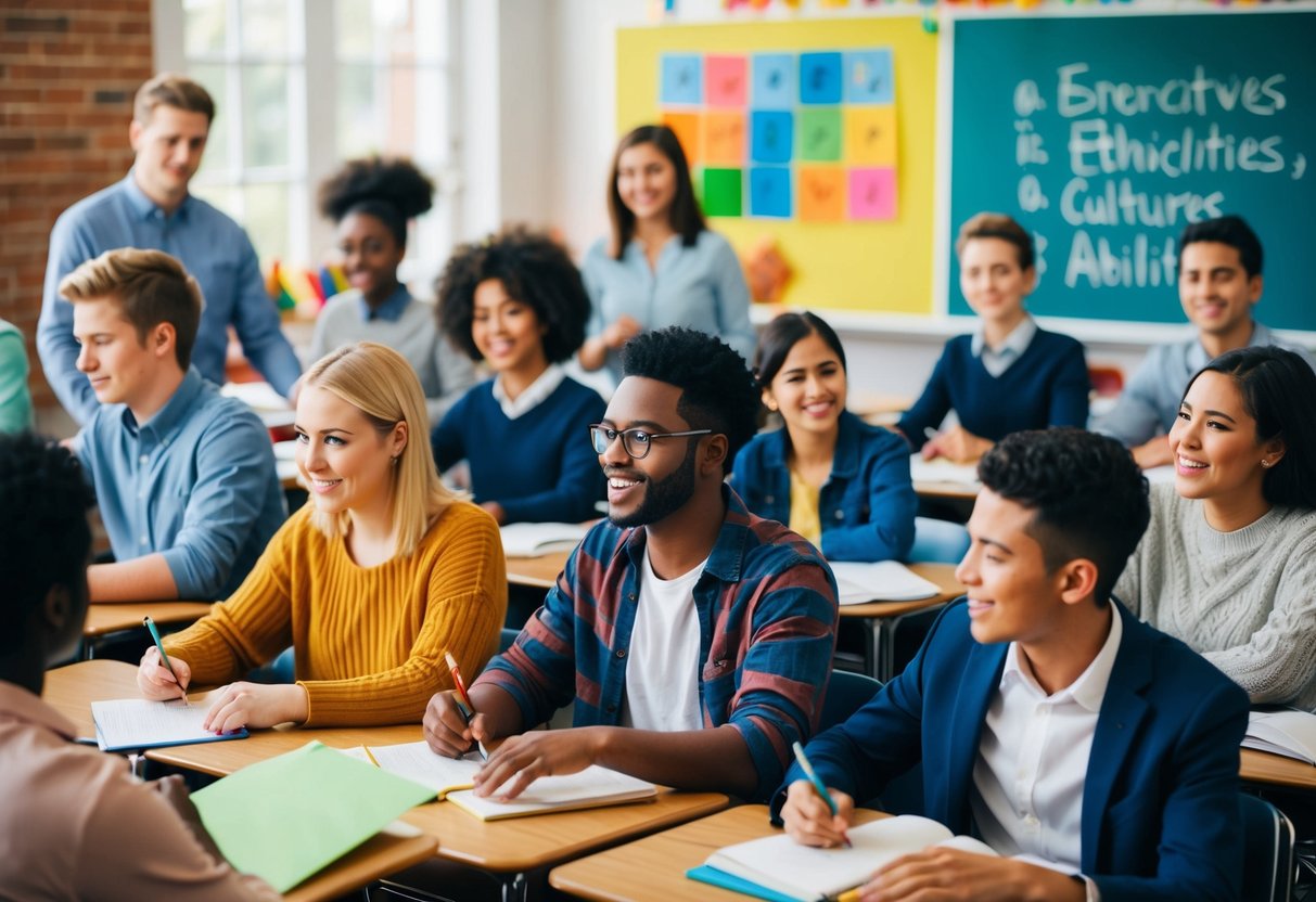 A diverse group of students engaged in learning activities in a classroom setting, representing various ethnicities, cultures, and abilities