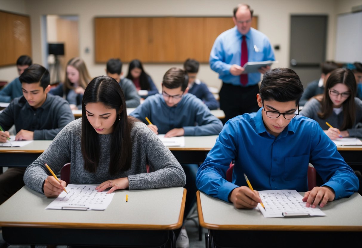 Students sitting at desks, filling in bubbles on standardized test answer sheets under the watchful eye of a proctor