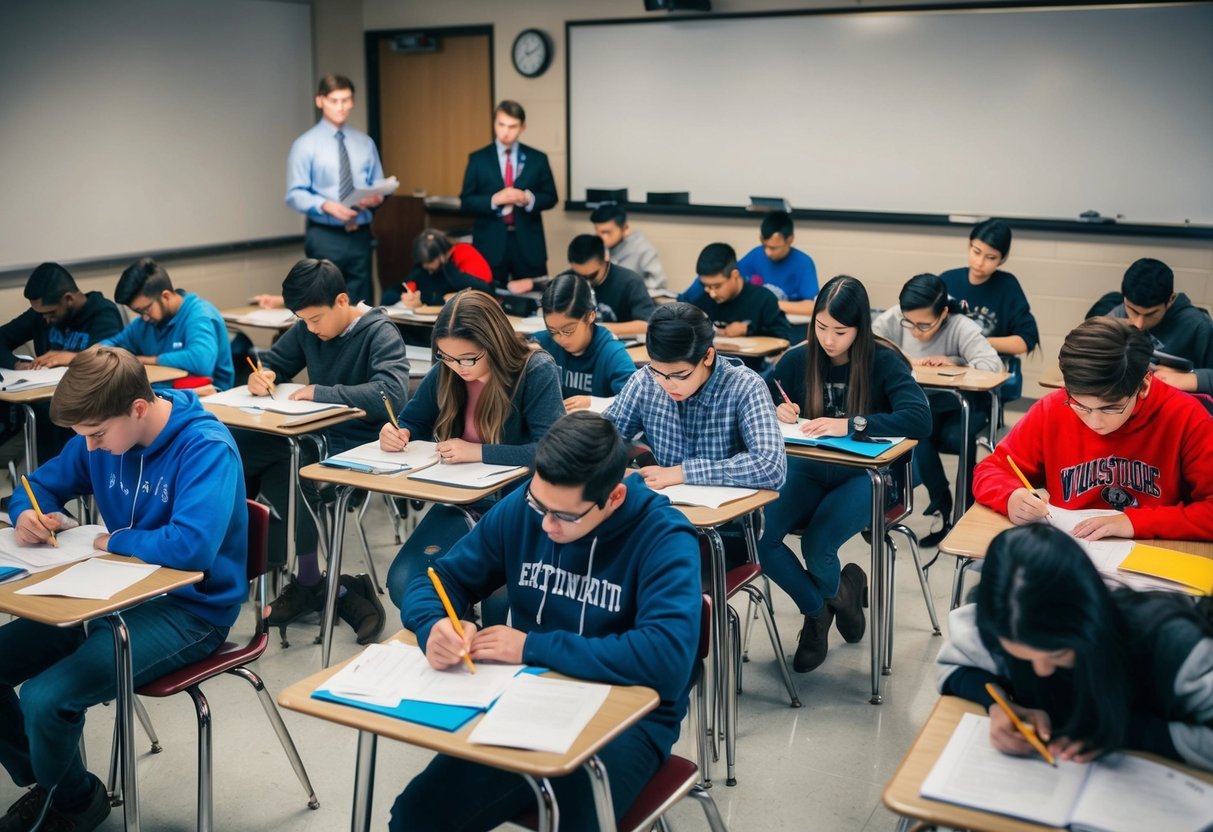 A classroom with rows of students taking standardized tests under the watchful eye of a proctor. The room is quiet and tense, with pencils scratching on paper