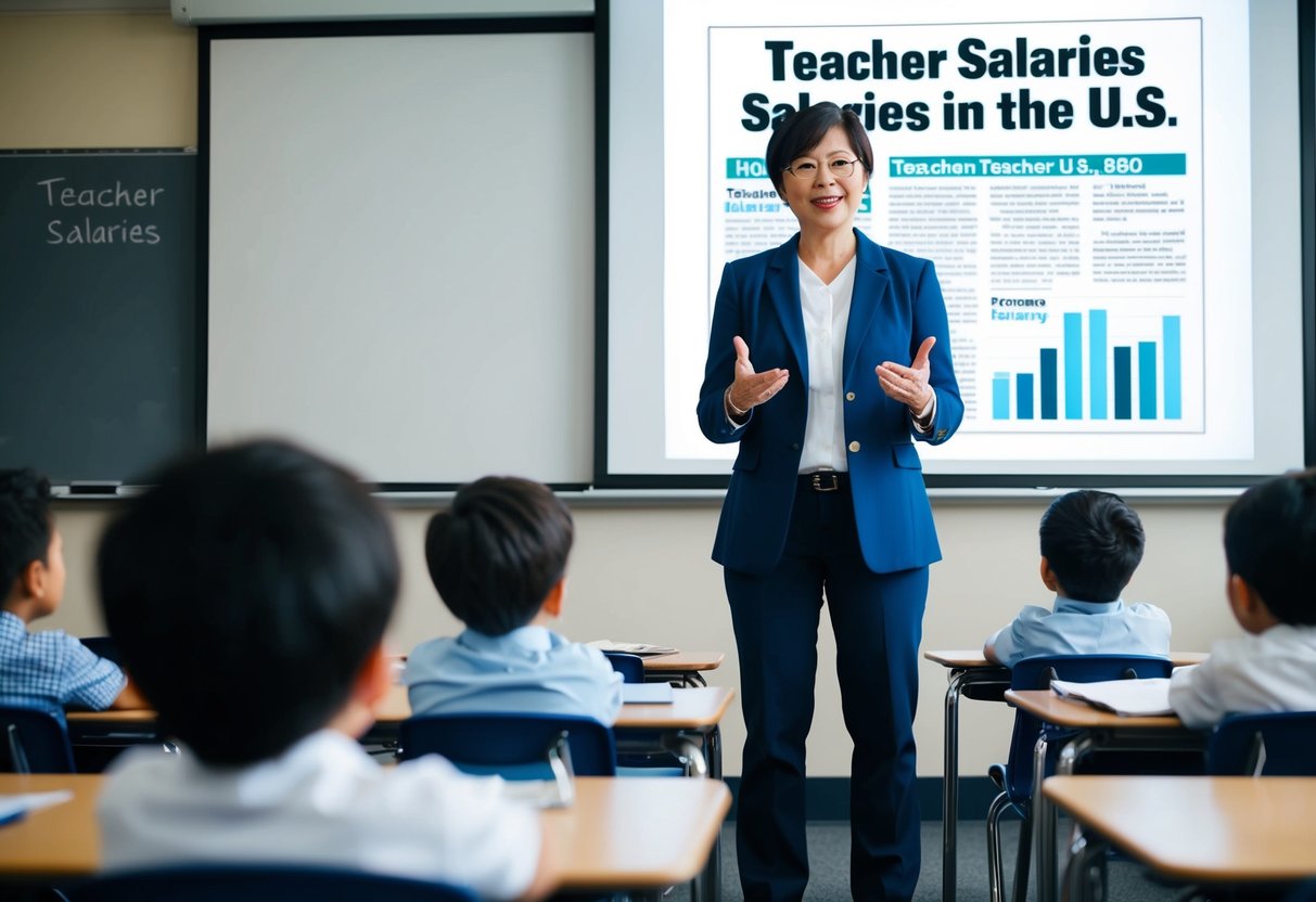 A teacher standing in front of a classroom, with a news article about teacher salaries in the U.S. displayed on a projector screen