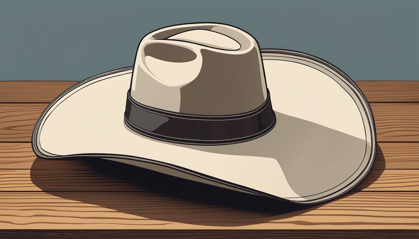 A cowboy hat sits on a wooden table, its wide brim and tall crown showcasing the functional aspects of its anatomy