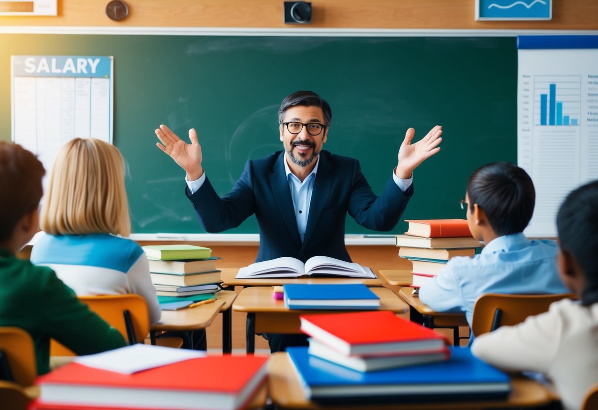 A classroom setting with a teacher at the front, surrounded by books, a chalkboard, and educational materials. A salary chart or graph displayed nearby