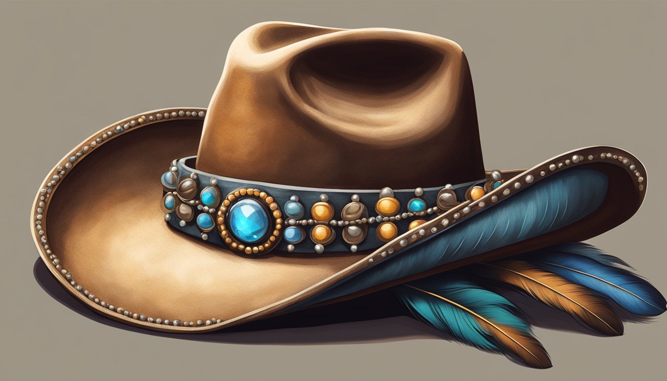 A cowboy hat being adorned with feathers, beads, and leather straps