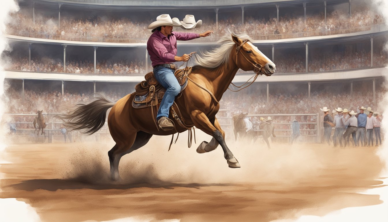 A bucking bronco with a cowboy riding, surrounded by cheering spectators and branded livestock in a dusty arena