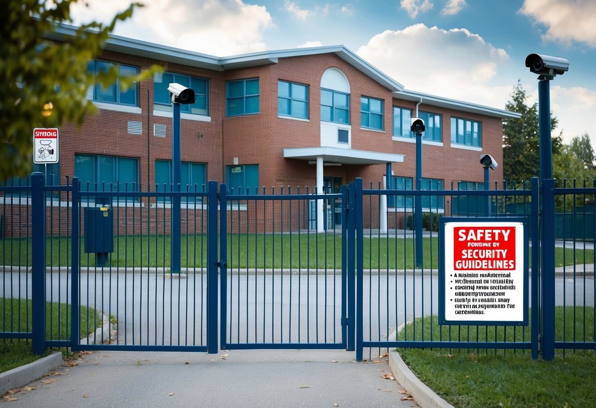 A school building surrounded by a fence with security cameras and a sign displaying safety guidelines