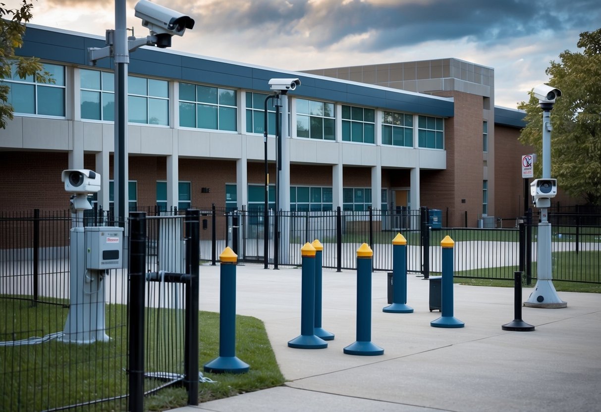 A school building with security cameras, metal detectors, and a fenced perimeter