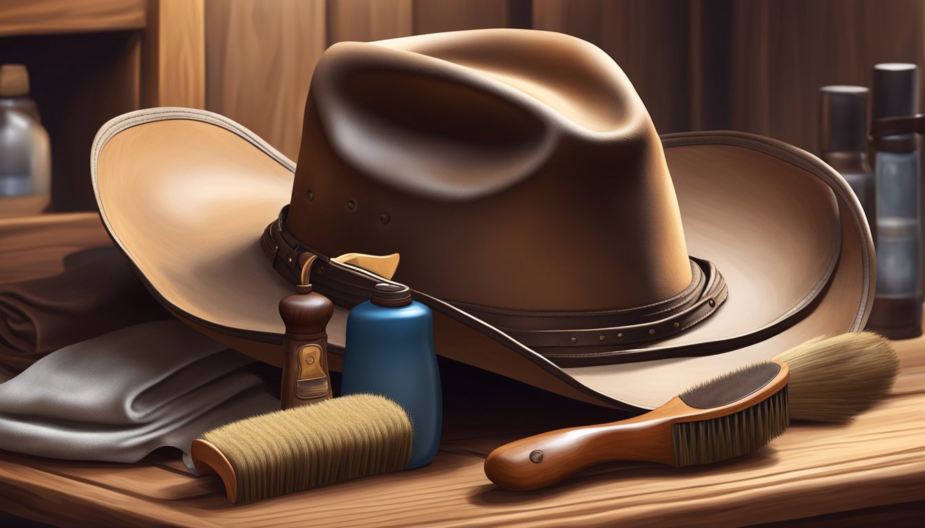 A cowboy hat resting on a wooden hat stand, surrounded by leather conditioning products and a soft brush for cleaning