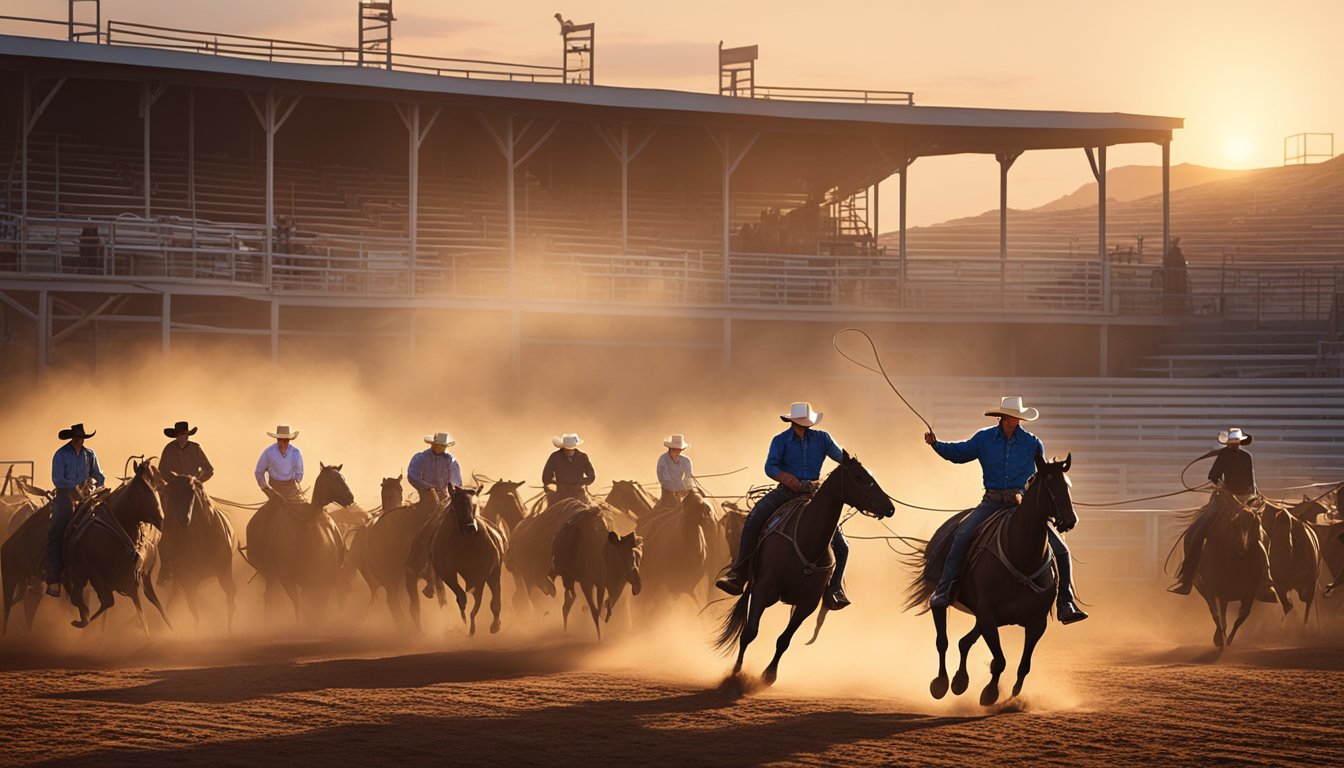 A lone cowboy on horseback, roping a steer in a dusty rodeo arena, with a backdrop of branding irons and a setting sun