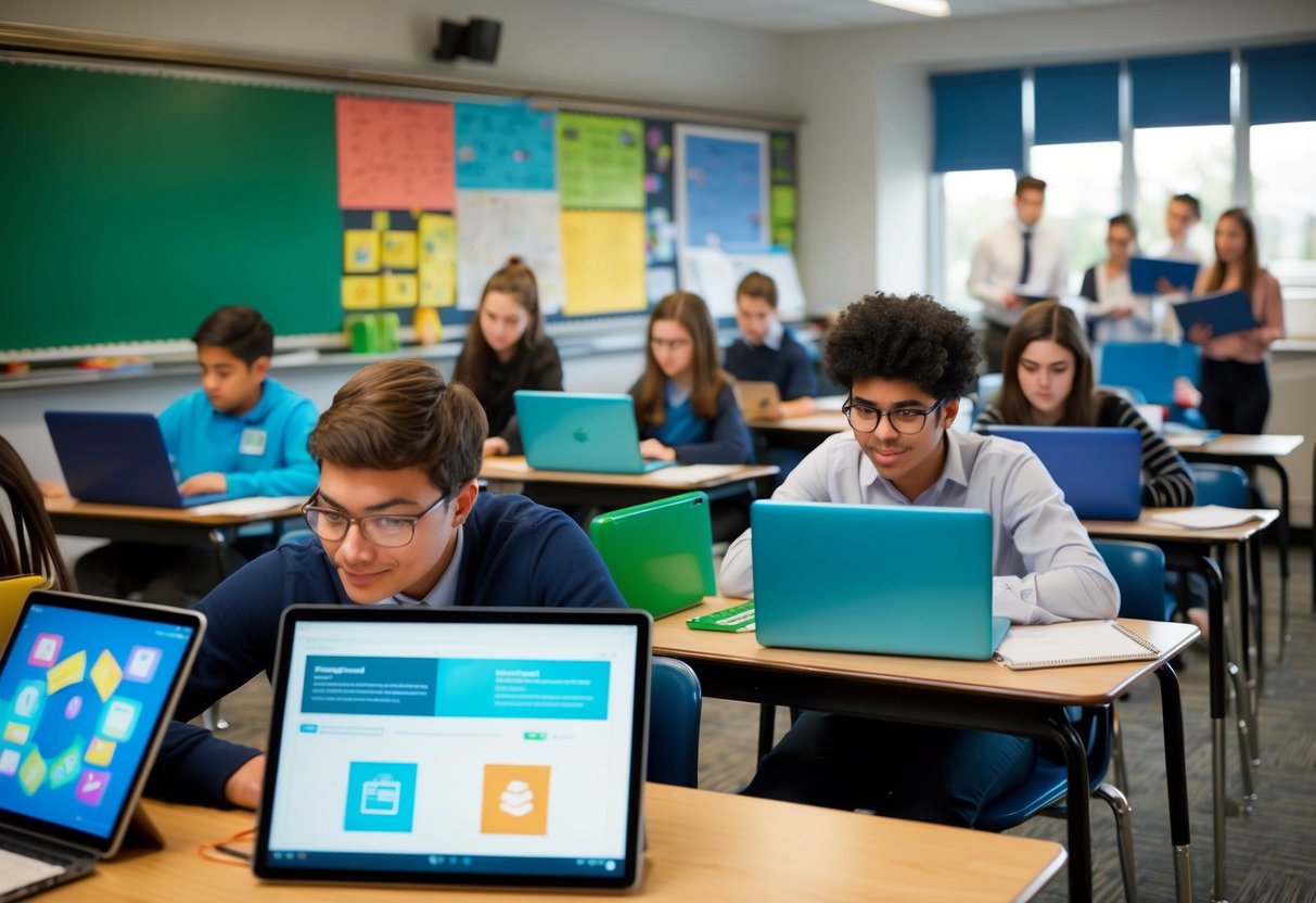 A classroom with students using laptops and tablets, interacting with digital learning materials and educational software