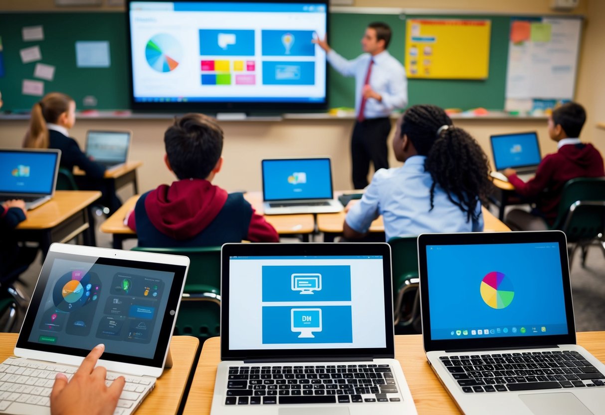 A classroom with students using laptops and tablets, interacting with digital learning platforms, while a teacher leads the lesson from a smart board