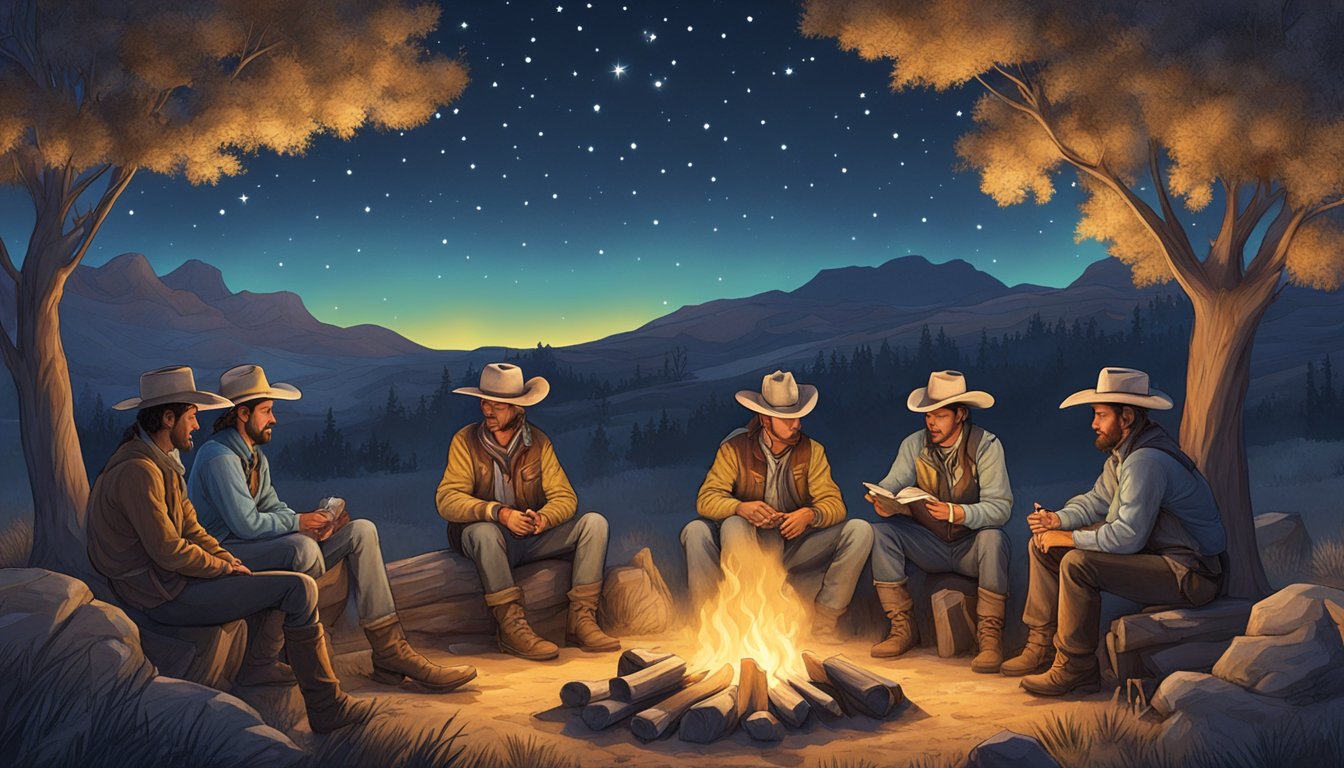 A group of cowboys gather around a campfire under the starry night sky, taking turns reciting their original poems while others listen intently