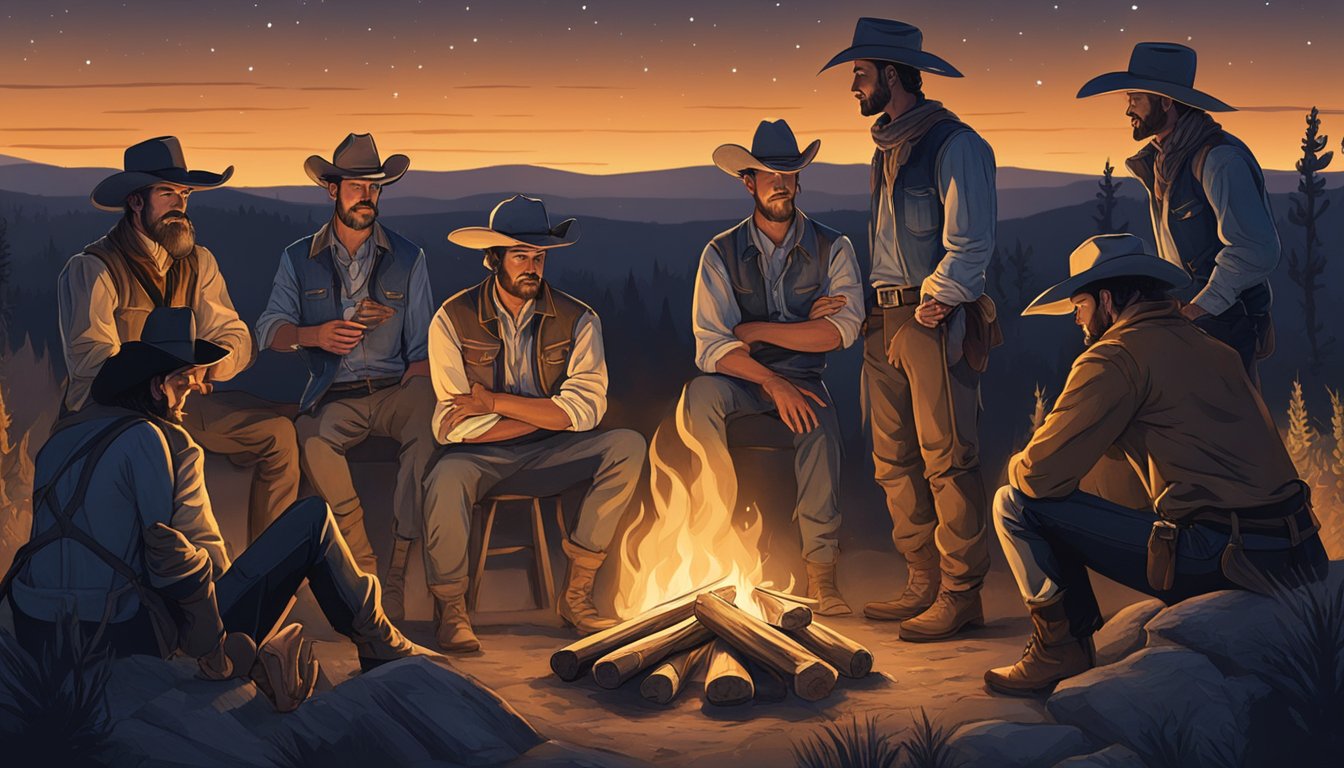 A group of cowboys gather around a campfire, reciting poetry with passion and intensity. A panel of judges watches closely, as the competition heats up under the starry night sky