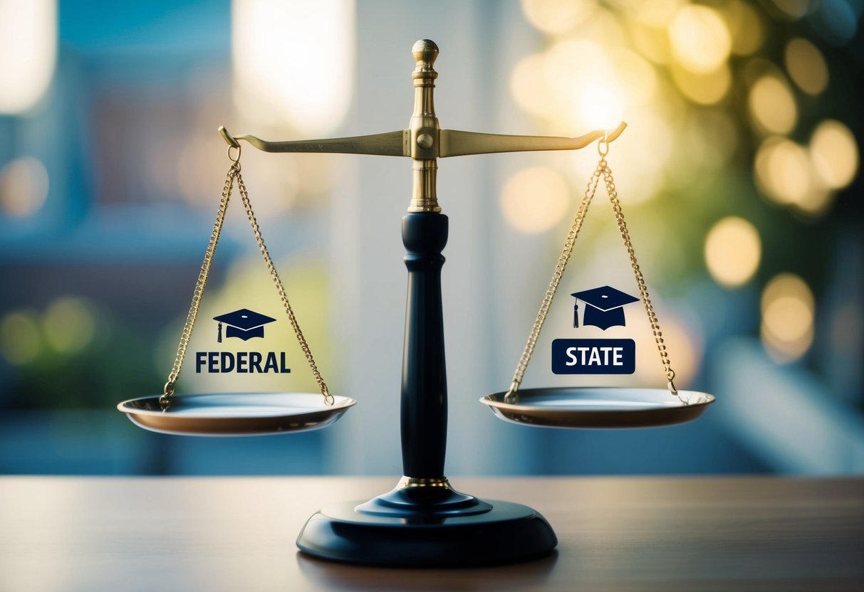 A scale with one side labeled "Federal" and the other "State," with education-related symbols tipping towards the federal side