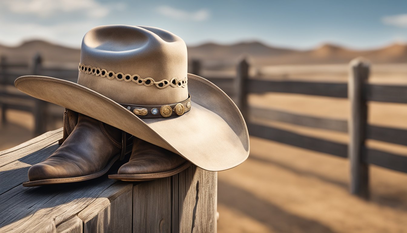 A lone cowboy hat rests on a weathered wooden fence, adorned with the iconic symbols of a rodeo champion. Dusty boots and a lasso lay nearby