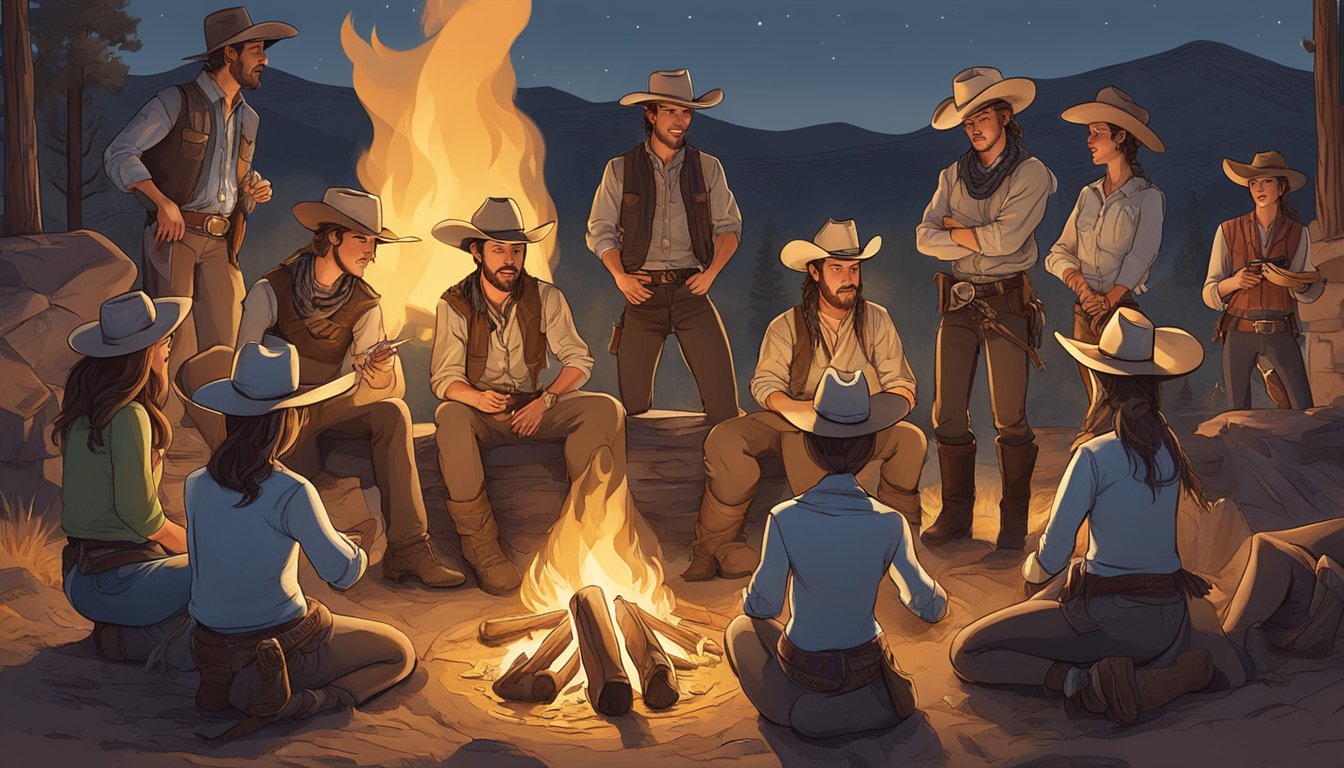 A group of cowboys and cowgirls gather around a campfire, reciting poetry and competing in a lively cowboy poetry slam