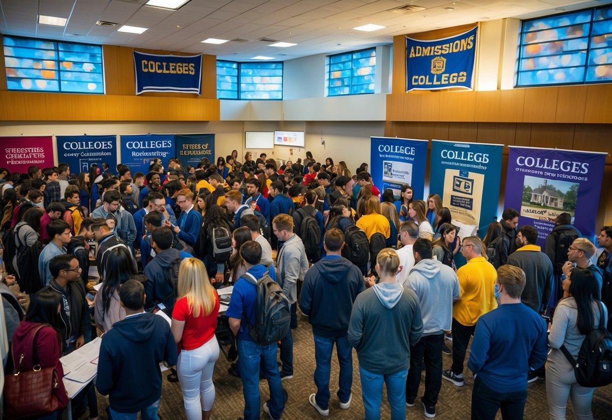 A crowded room with students and parents, surrounded by banners and signs for different colleges. A line of people waiting to speak with admissions representatives