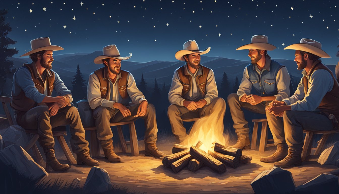 A group of cowboys gather around a campfire, exchanging gifts and sharing stories under the starry night sky