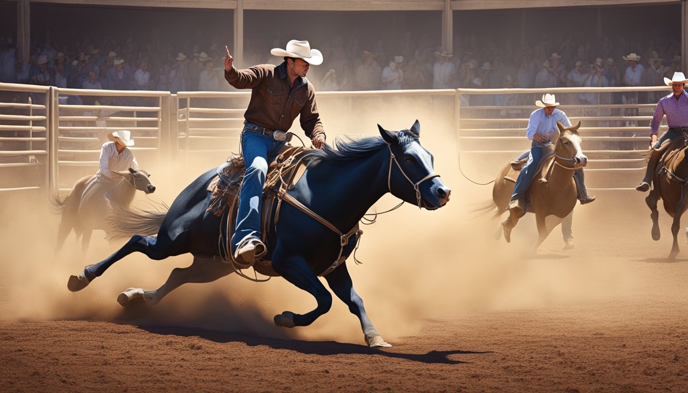 A cowboy branding a steer in a dusty rodeo arena, surrounded by cheering spectators and fellow riders