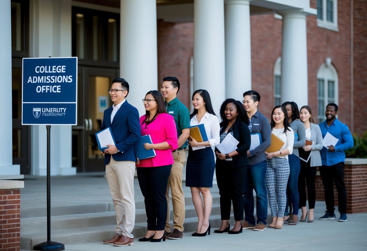 A group of people standing in line outside a university building, holding folders and documents, while a sign with the words "College Admissions Office" is displayed prominently