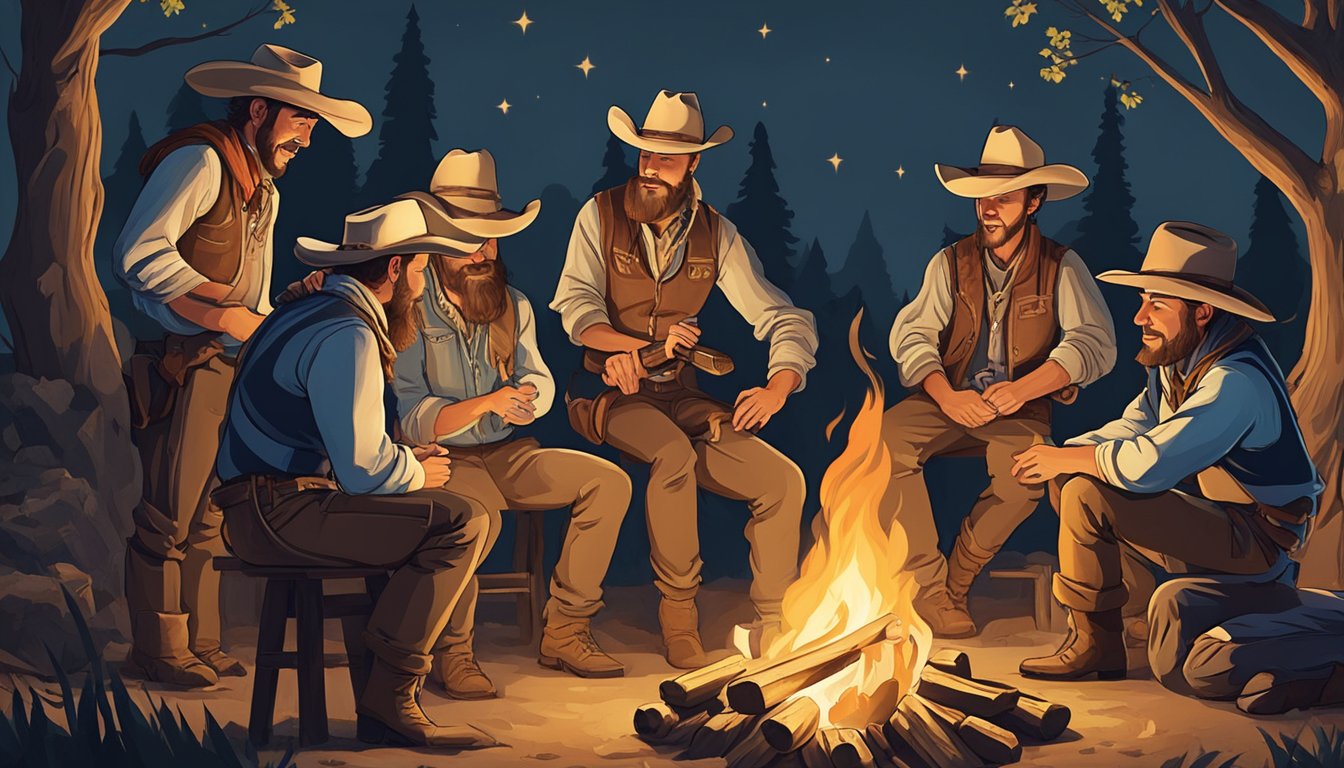 A group of cowboys gather around a campfire, reciting original poetry and competing in a lively poetry slam. The atmosphere is filled with the sounds of laughter, cheering, and the crackling of the fire