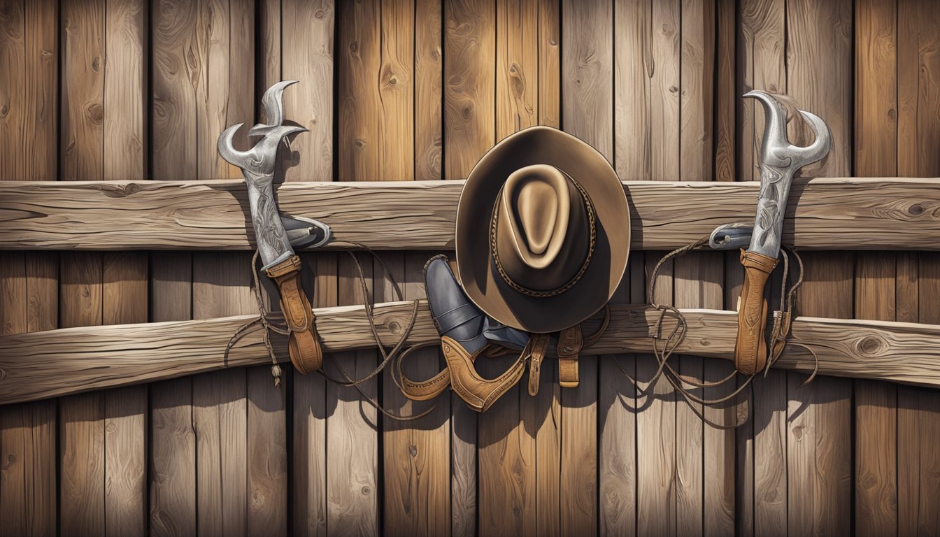 A rustic branding iron and lasso rest against a weathered wooden fence, surrounded by cowboy hats and boots. A rodeo banner flaps in the wind overhead