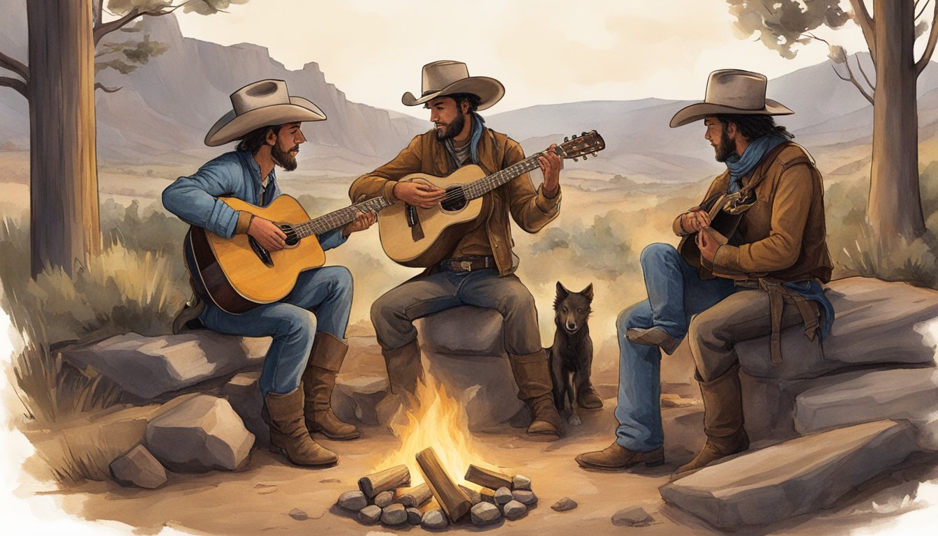 A group of cowboys gather around a campfire, reciting original poetry and ballads while a lone guitarist strums a melody