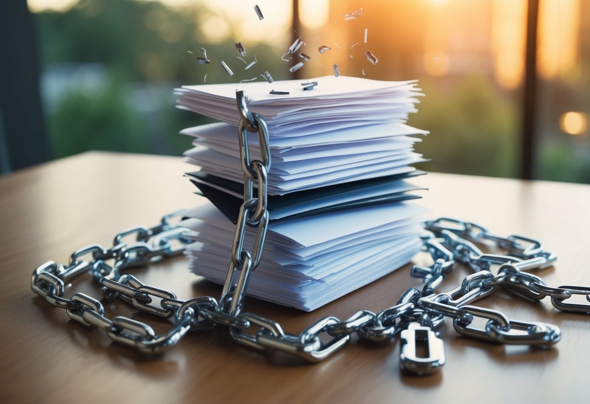 A stack of paperwork surrounded by broken chains, symbolizing freedom from student loan debt