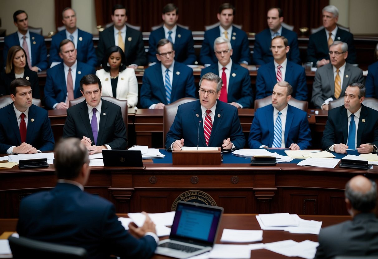 A group of lawmakers discussing student loan reform in a crowded legislative chamber. A large desk with papers and laptops, and a prominent speaker at the front