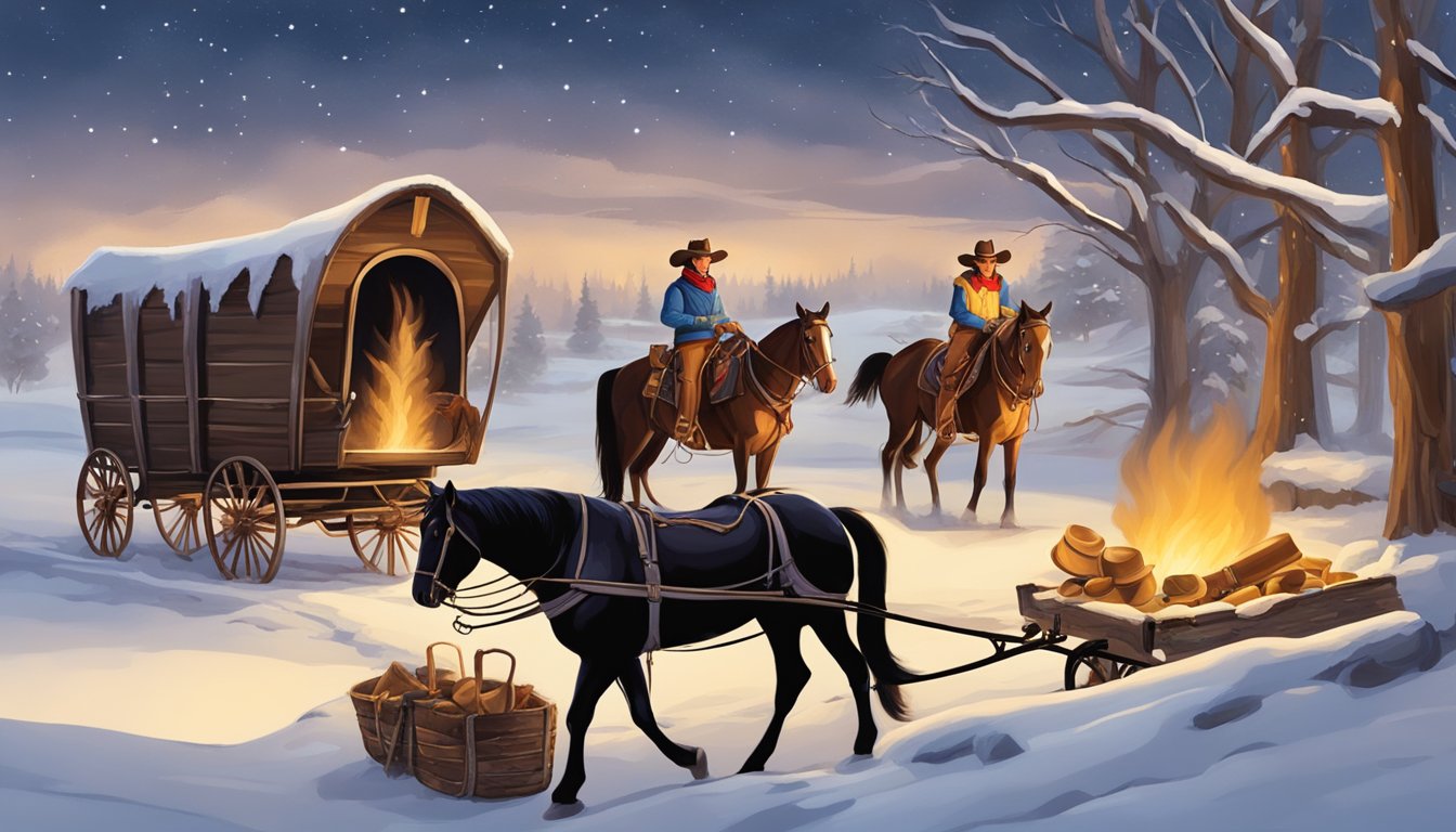 A cowboy Christmas scene with a campfire, cowboy hats, boots, lassos, and a decorated wagon