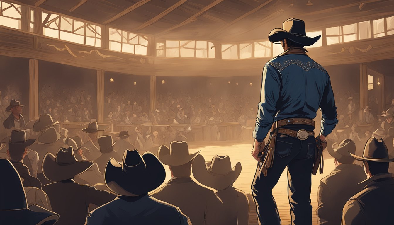 A lone cowboy stands in a dusty saloon, reciting poetry to a rowdy crowd. Spurs jingle as the audience cheers, embracing the rise of cowboy poetry slams