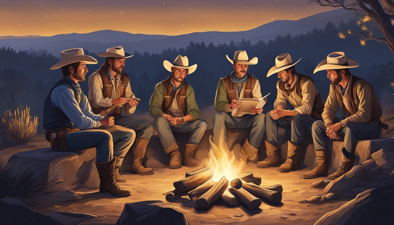 A group of cowboys gather around a campfire under the stars, reciting poetry about the natural world and their experiences on the range