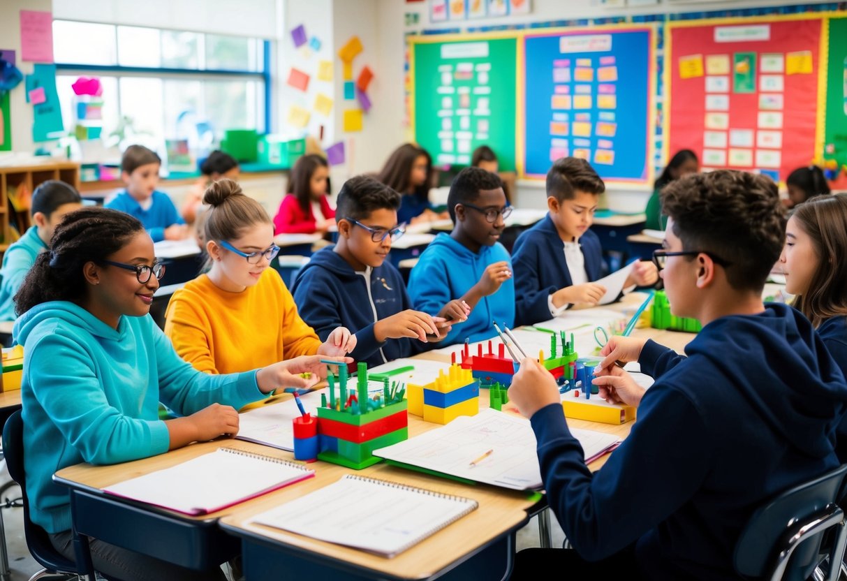 A classroom filled with students engaged in hands-on STEM activities, surrounded by colorful posters and educational materials