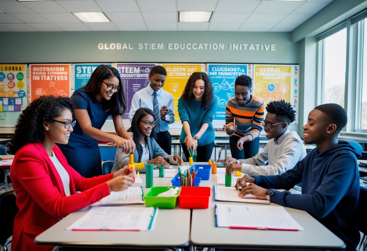 A classroom with diverse students engaged in hands-on STEM activities, surrounded by posters and charts on global STEM education initiatives