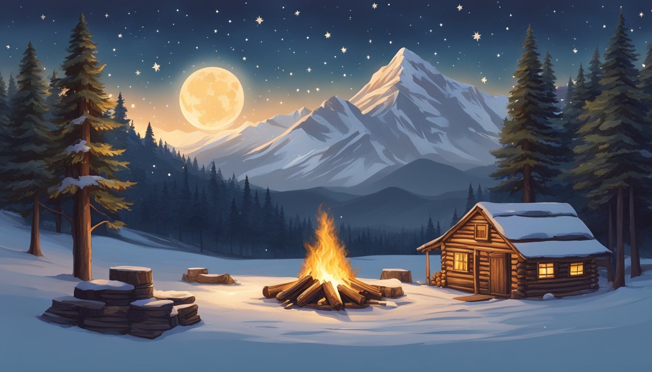 A cowboy campfire under the stars, surrounded by snow-capped mountains and pine trees, with a festive wreath hanging on a rustic wooden cabin