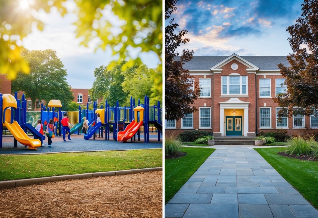 A bustling public school playground contrasts with a serene private school courtyard