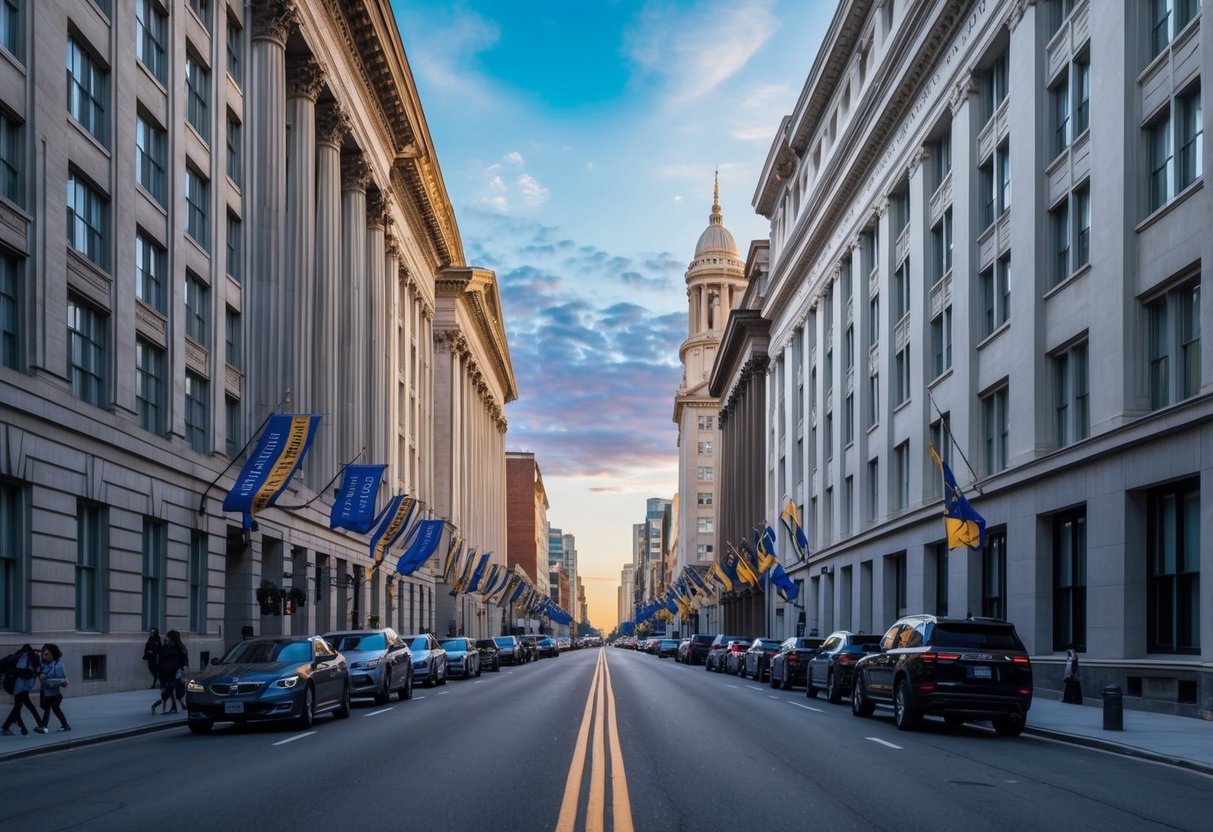 A bustling city street split in two, one side lined with grand public school buildings, the other with elegant private school facades. Banners and flags adorn each, symbolizing the divide in education systems