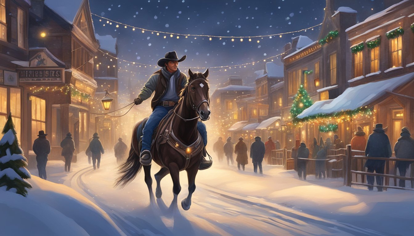 A lone cowboy rides through a snowy western town, adorned with festive lights and decorations